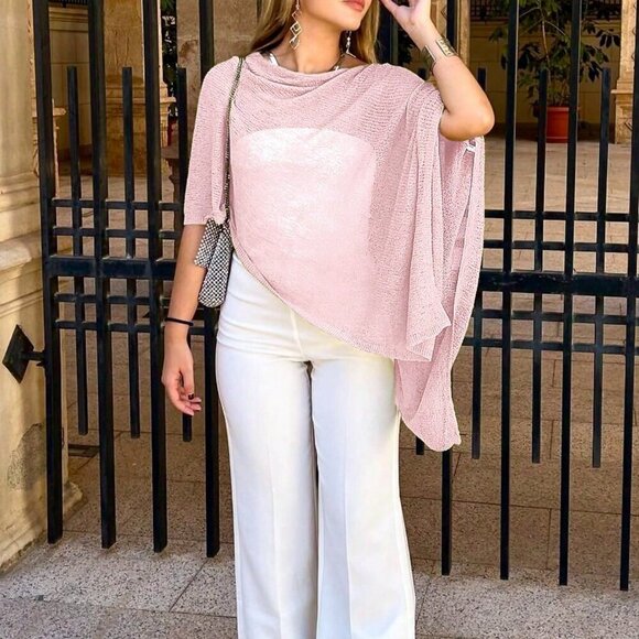 Pink Elegant Women's Oversized Knitted Shawl poncho knit top - Picture 3 of 7